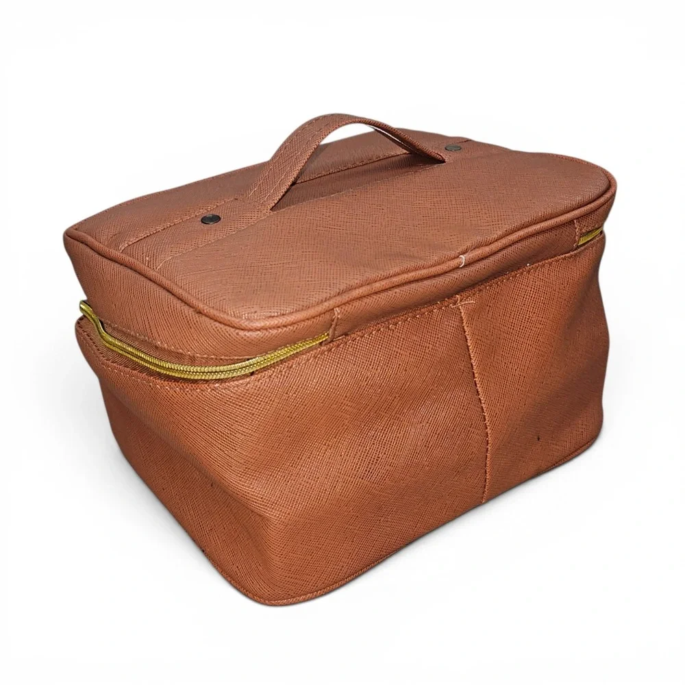 Joy Mangano Vanity Case Women 11x8 Tan Good Removable Tray Mirror Travel Bag